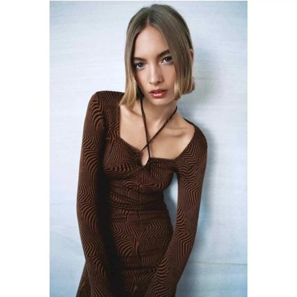 Zara Brown & Black Animal Print Long Sleeve Bodycon Mini Dress Size Small New - Picture 2 of 13